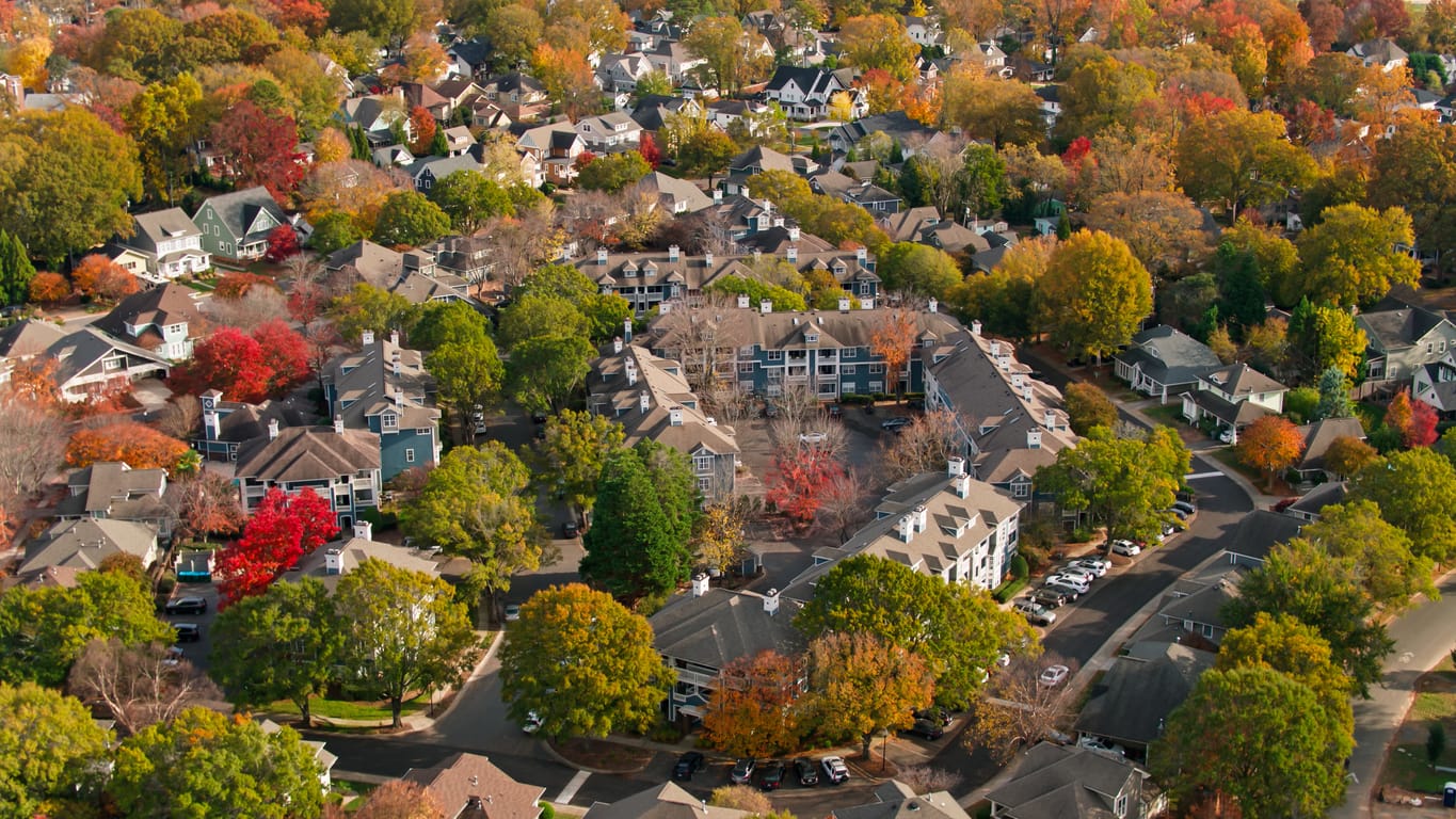 Aerial view of a Western New York residential neighborhood in autumn